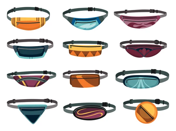 Taille tassen platte template set. Diverse fanny packs als populaire persoonlijke item elementen en mode-accessoire. Kleurrijke trendy bananenvormige riemtas — Stockvector