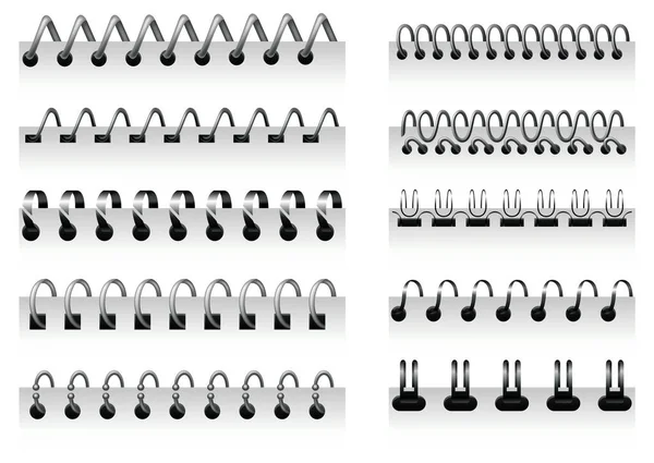 Notitieboek spiralen, draad stalen ring bindingen en veren voor dagboek. Spiraal bindmiddel of geringd voor papieren kalender. Kan gebruikt worden als pagina of notitieblok divider — Stockvector