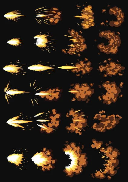 Flashs d'armes ou animation par balle. Collecte de l'effet d'explosion du feu lors d'un coup de feu. Dessin animé effet flash de la balle commence. Fusillade, éclair et explose — Image vectorielle