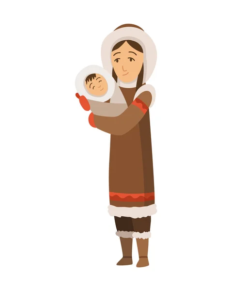 Polars eskimåkaraktär. En urfolkskvinna i traditionella varma kläder. Kvinna med nyfött barn. Traditionell etnisk karaktär — Stock vektor