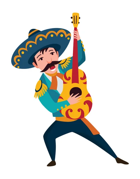 Mexicaans karakter. Mariachi muziek band muzikant in traditionele donkere kleren en sombrero 's spelen op typische muziekinstrument gitaar — Stockvector