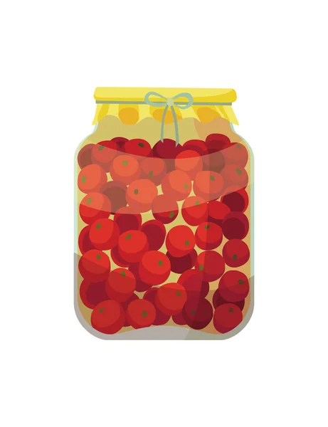 Tarro conservado verduras. Lata de tomates en escabeche. Comida enlatada de dibujos animados en vidrio. Contenedor de conservación de comestibles — Archivo Imágenes Vectoriales