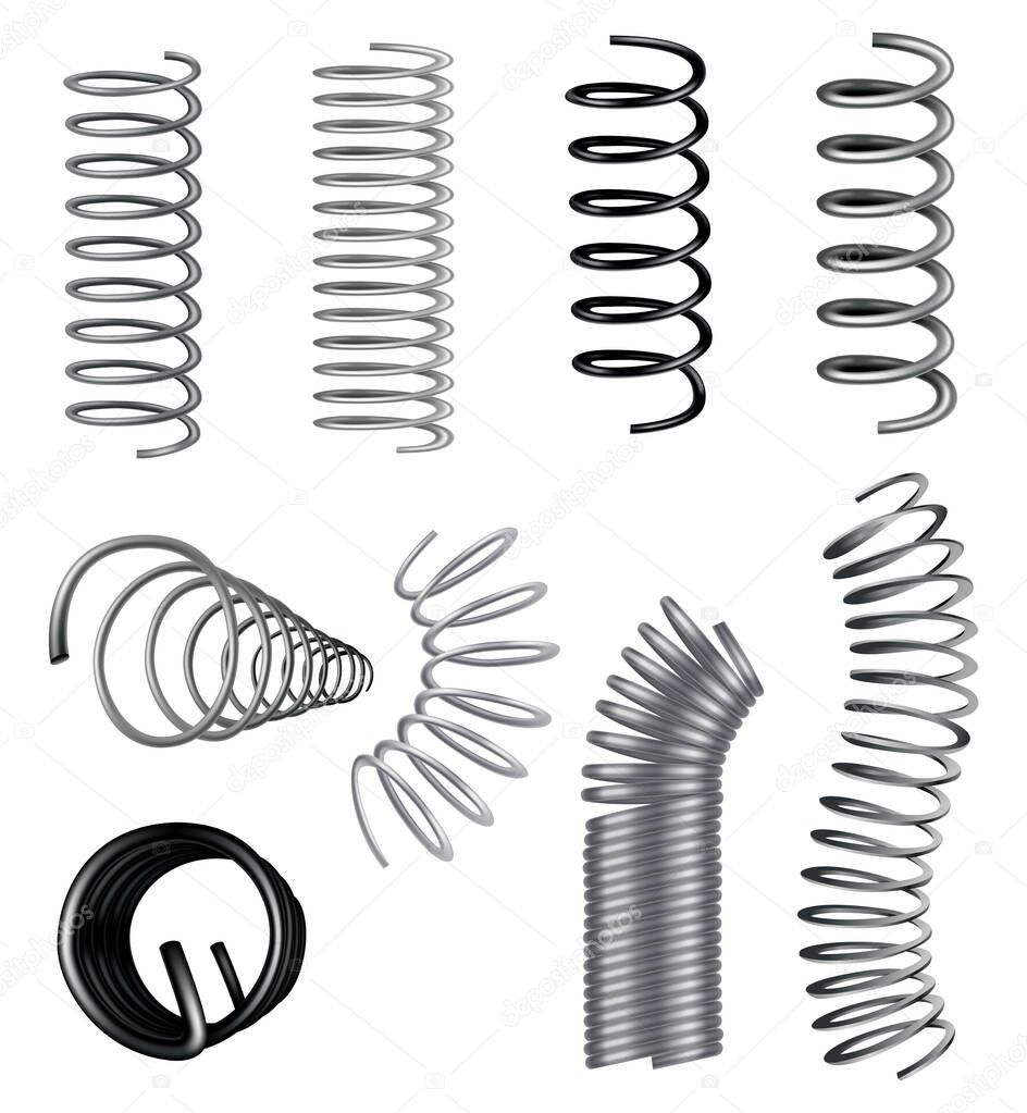 Metal springs. Spirals different shapes and types. Vector icons of swirl line or curved wire cords, shock absorbers or equipment parts. Repair spare parts or flexible supplements