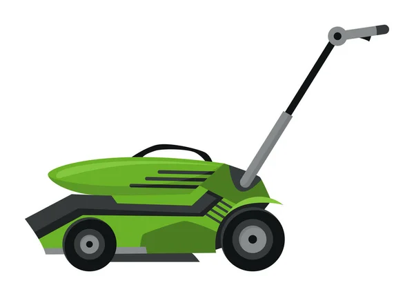 Lawn mower machine in green color. Trimming, pruning and cutting grass electric or petrol mower work tool for garden. Flat cartoon icon isolated on white background — Stock Vector