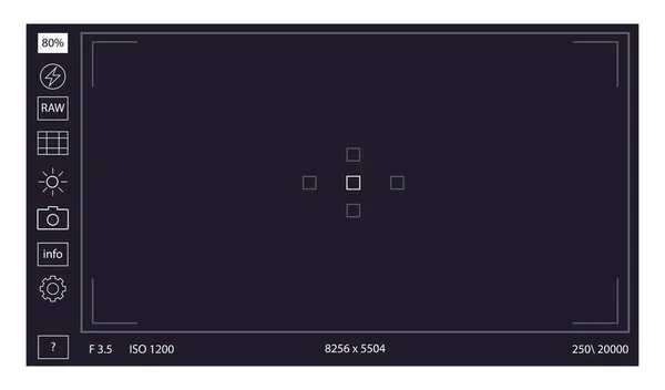 Visor de cámara. Grabación de pantalla de enfoque. Cámara de pantalla negra con parámetros de grabación de vídeo, indicadores de quialidad fotográfica. Grabación de zoom digital para blogueros vectoriales modernos — Vector de stock