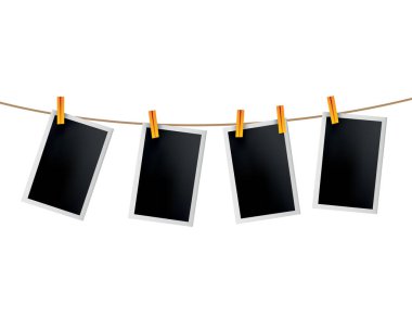 İpe asılmış fotoğraf çerçeveleri. İplikte geçmişe dönük hazır fotoğraflar. Kart çerçeve modeli, vektör seti. Simge tasarım şablonu. Anı hatırla.