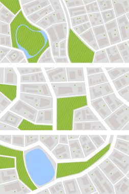 Şehir haritası. Park ve nehir olan şehir sokakları. Şehir merkezindeki GPS navigasyon planı, soyut ulaşım şehri. Vektör haritası küçük yol deseni