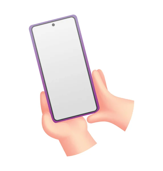 카툰 과 전화기로 말이죠. 스크린이 비어 있는 인간 휴대 전화. 터치 제스처를 사용하여 모바일 앱의 소셜 네트워크 통신을 만들어 보 세요. 디지털 장치 — 스톡 벡터
