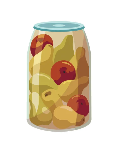 Tarro conservado frutas. Lata de manzana y pera en escabeche. Comida enlatada de dibujos animados en vidrio. Contenedor de conservación de comestibles — Vector de stock