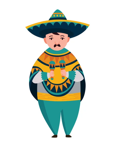 Мексиканский характер. Музыкант группы Mariachi в традиционной темной одежде и сомбреро, играющий на типичных музыкальных инструментах маракас — стоковый вектор