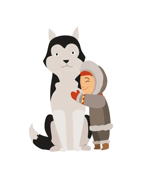 Polar eskimo character. Indigenous children wearing traditional warm clothes. Kid with pet dog. Traditional ethnic character — Stock Vector