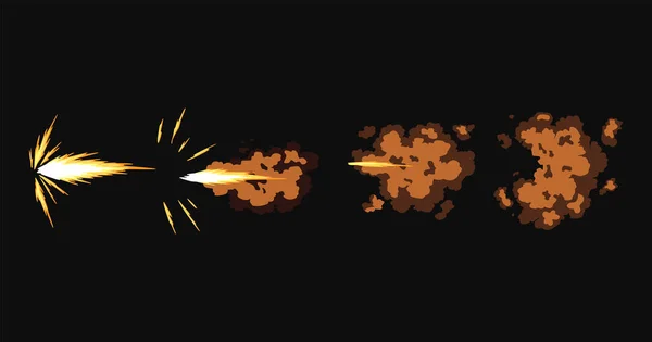 Gun flashes or gunshot animation. Collection of fire explosion effect during shot with gun. Cartoon flash effect of bullet starts. Shotgun fire, muzzle flash and explode — Stock Vector