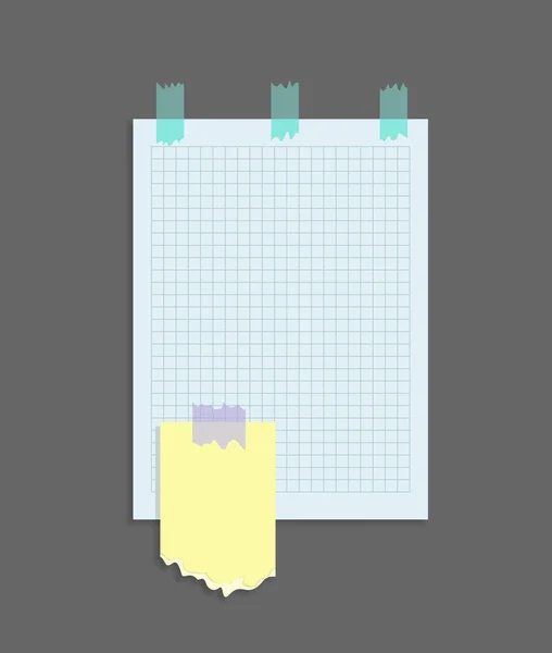 Aufkleber aus Papier. Platz für Notizen auf Papierblättern. Befestigt mit klebrigem buntem Klebeband auf grauem Hintergrund isoliert realistische Vektorillustration — Stockvektor