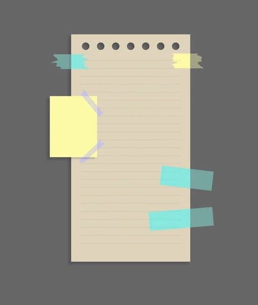 Papier notes autocollants. Placer pour les messages de note sur des feuilles de papier. Fixé avec du ruban adhésif coloré sur fond gris isolé vecteur réaliste illustration — Image vectorielle