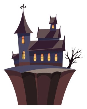 Ürkütücü bir ev. Gecenin karanlığında korkunç bir ev. Korkunç kâbus çizimi. Ürkütücü bina beyaz arka planda izole edildi