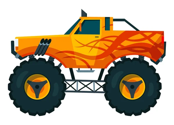 Monster truck. Jasné barevné karikatury auto s velkými koly. Těžké auto s velkými pneumatikami a černými tónovanými okny. Izolovaná rally 4x4 počítač nebo mobilní hra — Stockový vektor