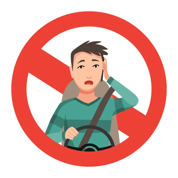 Phone while driving. Safety driving rules. Do not use mobile. Young man talking on phone or using smartphone — Stock Vector