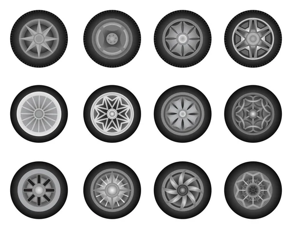 Sada koleček. Letní nebo zimní pneumatiky pro jízdu za různých povětrnostních podmínek. Ikona disku kola izolována na bílém pozadí. Návrh automobilových ráfků — Stockový vektor