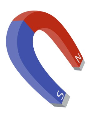 İki kutuplu kırmızı ve mavi mıknatıs simgesi beyaz üzerine izole edilmiş. Manyetizma, manyetizma, çekim konsepti. Güç sembolü