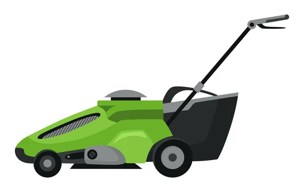 Rasenmähermaschine in grüner Farbe. Trimmen, Beschneiden und Schneiden von Gras elektrisch oder Benzinmäher Arbeitsgerät für den Garten. Flache Cartoon-Symbol isoliert auf weißem Hintergrund — Stockvektor