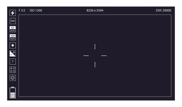 Kamerasökare. Fokusera på skärminspelning. Svart skärm kamera med videoinspelningsparametrar, foto tyst indikatorer. Digital zoominspelning för moderna vektorbloggare — Stock vektor