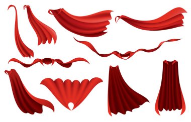 Süper kahraman kırmızı pelerinler. Kırmızı kumaş ipek pelerin farklı pozisyonda, önde, yanda ve en üstte. Karnaval maskeli balosu kıyafeti, 3 boyutlu gerçekçi kostüm tasarımı. Uçan Manto kostümü