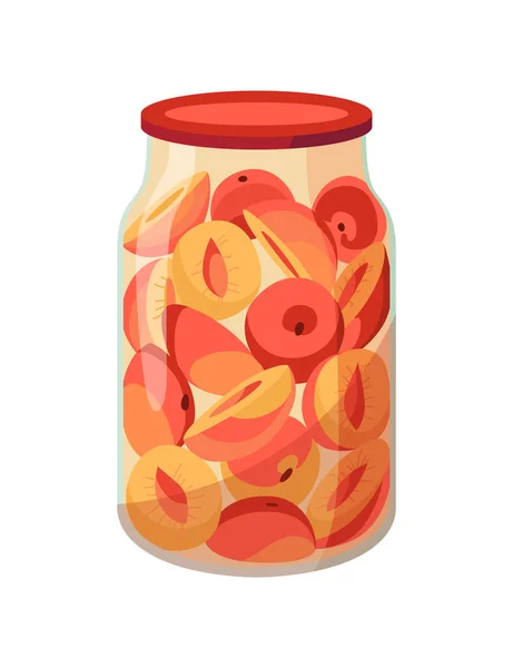 Tarro conservado frutas. Lata de manzana y durazno en escabeche. Comida enlatada de dibujos animados en vidrio. Contenedor de conservación de comestibles — Vector de stock