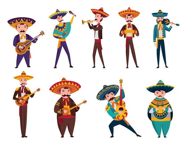 Meksikalı karakterler. Geleneksel koyu renk elbiseli Mariachi müzik grubu müzisyenleri gitar, akordeon, marakas, tüp gibi tipik müzik enstrümanlarıyla çalıyorlar. — Stok Vektör
