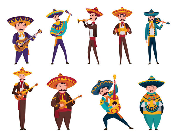 Mexican characters. Mariachi music band musicians in traditional dark clothes and sombreros playing on typical musical instrument like guitar, accordion, maracas, tube