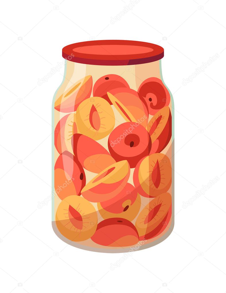 Jar preserved fruts. Can of pickled apple and peach. Cartoon canned food in glass. Grocery conserve container