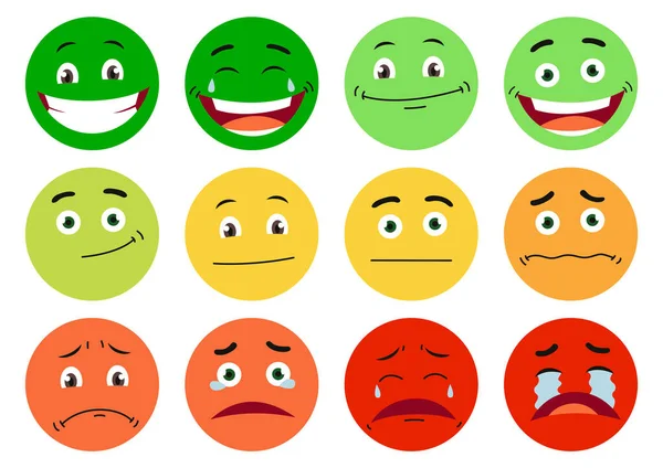 Skala emocjonalna. Miernik kolorów od czerwonego do zielonego. Ikony twarzy. Informacja zwrotna w postaci emocji. Doświadczenie użytkownika. Przegląd konsumentów z kolorowymi segmentami — Wektor stockowy