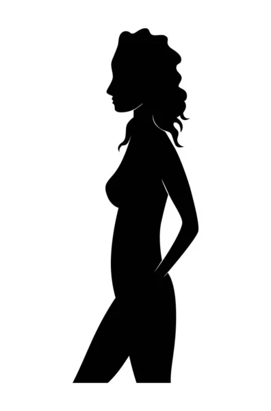 Černá silueta ženy stojící, lidé izolovaní na bílém pozadí. Preaty mladá dívka — Stockový vektor