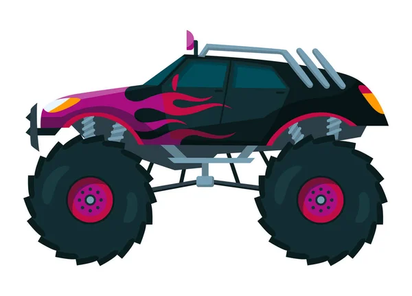 Camión monstruo. Brillante colorido coche de dibujos animados con ruedas grandes. Coche pesado con neumáticos grandes y ventanas teñidas de negro. Aislado rally 4x4 ordenador o juego móvil — Vector de stock