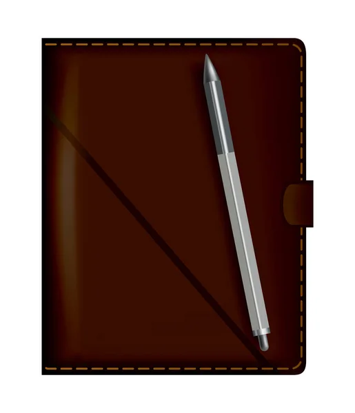 Kožený zápisník. Realistický hnědý notebook pro značkování a firemní identitu. Zápisník s tužkou nebo perem izolované vektorové ilustrace na bílém pozadí — Stockový vektor