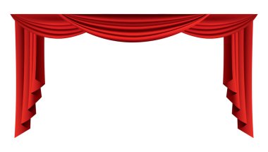 Kırmızı perdeler gerçekçi. Sinema veya opera salonu için ipek kumaş dekorasyonu. Lüks perdeler ve iç dekorasyon malzemesi. Tiyatro sahnesi için beyazda izole edilmiş.