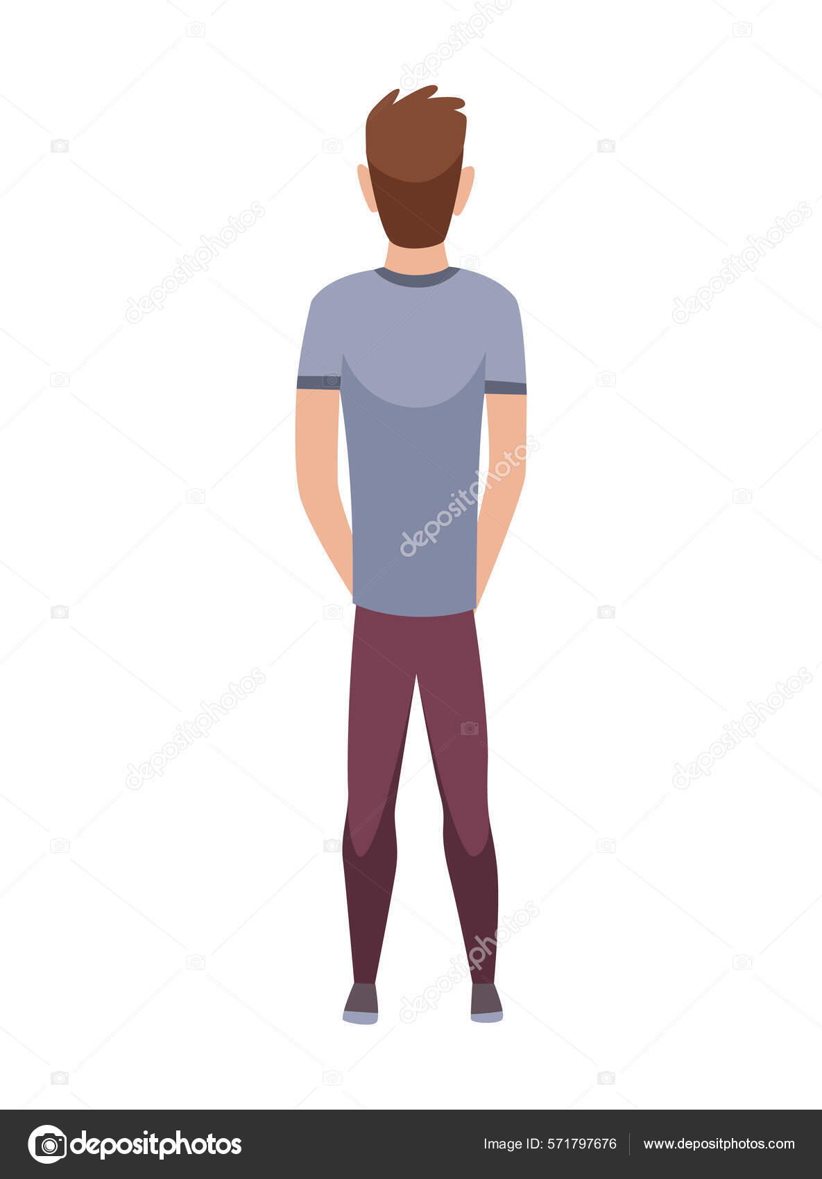 People character back view. Young human. Cartoon vector man standing