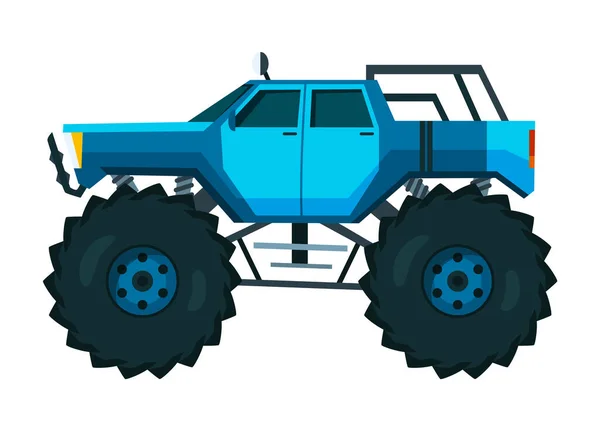 Monster truck. Ljusa färgglada tecknad bil med stora hjul. Tung bil med stora däck och svarta tonade fönster. Isolerat rally 4x4 dator eller mobilspel — Stock vektor
