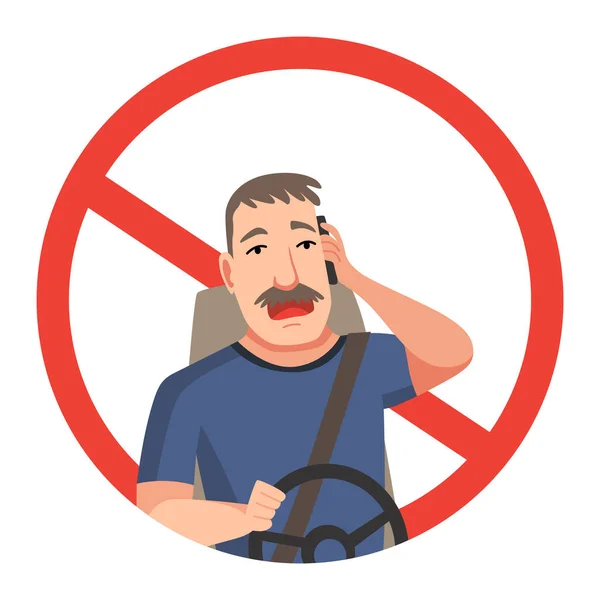 Phone while driving. Safety driving rules. Do not use mobile. Man talking on phone or using smartphone — Stock Vector