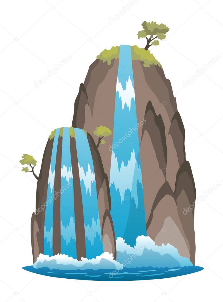Waterfall. Cartoon landscape with rock mountains and trees. River fall from cliff on white background. Picturesque tourist attraction with clear water