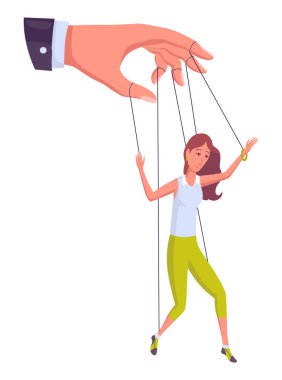 Kuklacı el kontrol kuklası. İş kadını ya da kukla ustası tarafından kontrol edilen işçi. Kadını kukla gibi kullanıyor. İşveren hakimiyeti sömürüsü veya otorite manipülatörü