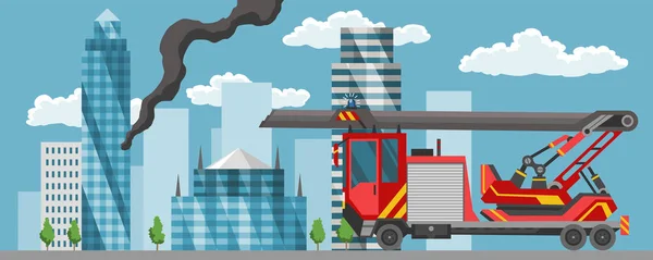 Caminhão de bombeiros na cidade lanscape em estilo plano. Carro de bombeiros. Modelo de veículo de incêndio de emergência. Transporte vermelho para combate a incêndios ou elemento de projeto de extinção de incêndio — Vetor de Stock
