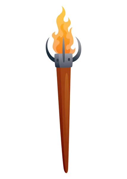 Medieval torch with burning fire. Ancient realistic wooden torch with flame. Cartoon game element vector illustration — Stock Vector