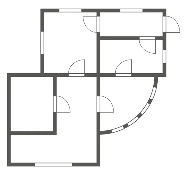 Apartamento plano arquitetônico. Condomínio isolado preto e branco ou casa. Plano de chão, cozinha de design de interiores, quartos, sala de estar, sala de jantar e banheiro. Apartamento sem mobiliário vista superior — Vetor de Stock