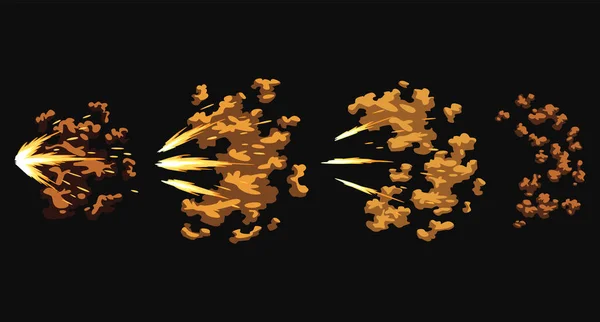 Gun flashes or gunshot animation. Collection of fire explosion effect during the shot with the gun. Cartoon flash effect of bullet starts. Shotgun fire, muzzle flash and explode — Stock Vector