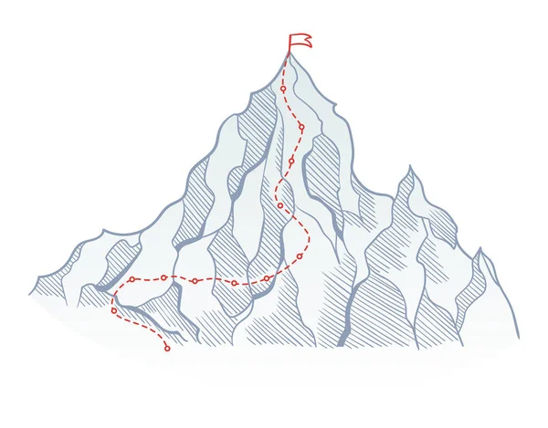 Ruta de escalada a la cima de la roca con bandera roja en el pico. Camino de viaje de negocios en progreso, camino hacia el éxito o el concepto de meta. Vector polígono punto conectar estilo de línea — Archivo Imágenes Vectoriales