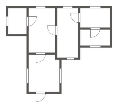 Daire mimari planı. Siyah ve beyaz izole edilmiş apartman ya da ev. Kat planı, iç dekorasyon mutfağı, yatak odaları, oturma odası, yemek odası ve banyo. Mobilyasız bir daire..