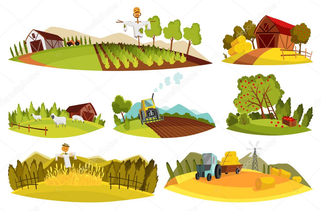 Farm landscape set. Collection agriculture field, rural nature scene. Ruralfield panorama with sheds, barns and tractors.
