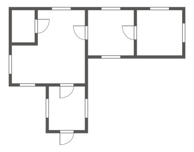 Daire mimari planı. Siyah ve beyaz izole edilmiş apartman ya da ev. Kat planı, iç dekorasyon mutfağı, yatak odaları, oturma odası, yemek odası ve banyo. Mobilyasız bir daire..
