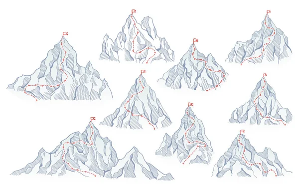 Montañas Escalando Rutas Roca Superior Con Bandera Roja Pico Rutas — Vector de stock