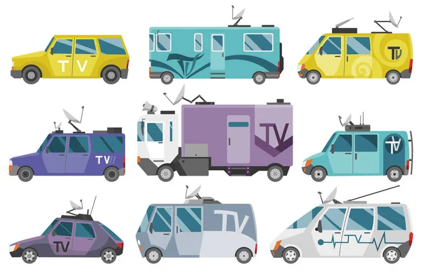 Veicolo Trasmissione Con Parabola Satellitare Sul Tetto Set Diverse Auto — Vettoriale Stock